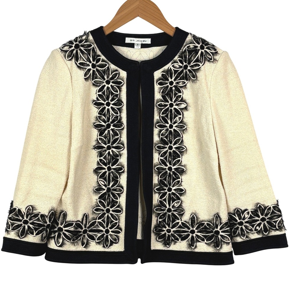 St John Women Floral Applique Knit Open Jacket Sz 6 Cream Black USA Luxe Elegant